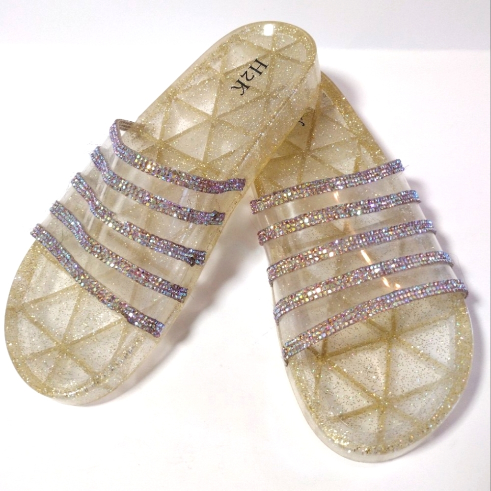 H2K Women's Jelly Glitter Summer Slide Open Toe Rhinestone Sandals Size 8 Gold - Picture 6 of 8